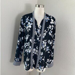 Nydj Womens Large Blue White Black Floral Tie Neck Blouse Long Sleeve Shirt Top